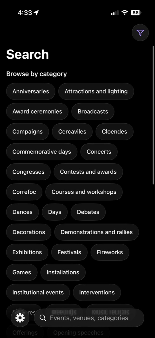Search and event category filters